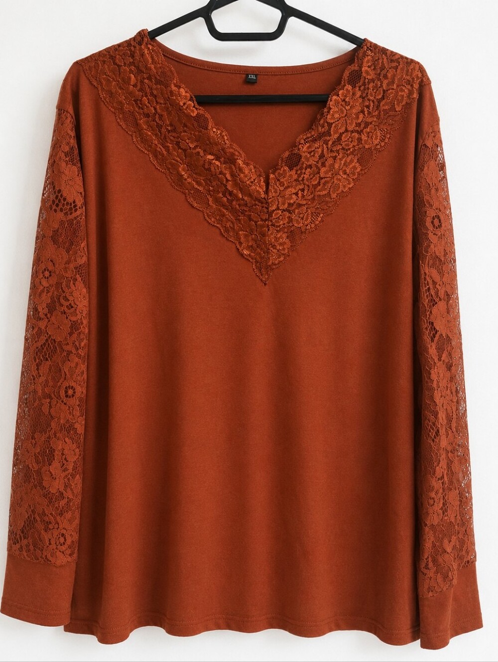 Rust Lace V-Neck Long Sleeve Top